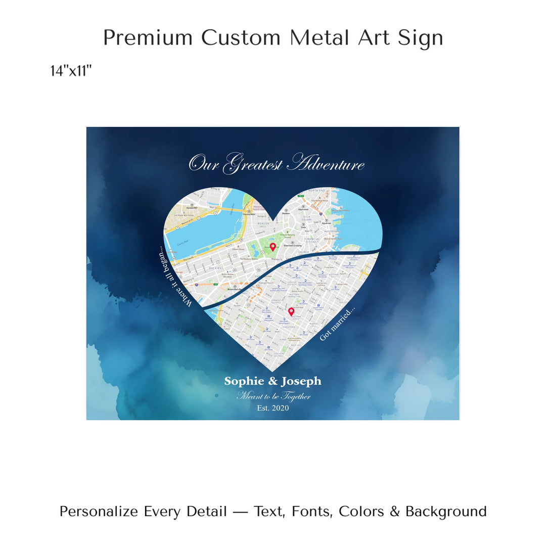 Custom Heart-Shaped Two Location Map Wall Art -14x11 metal art sign-ARTFULANE