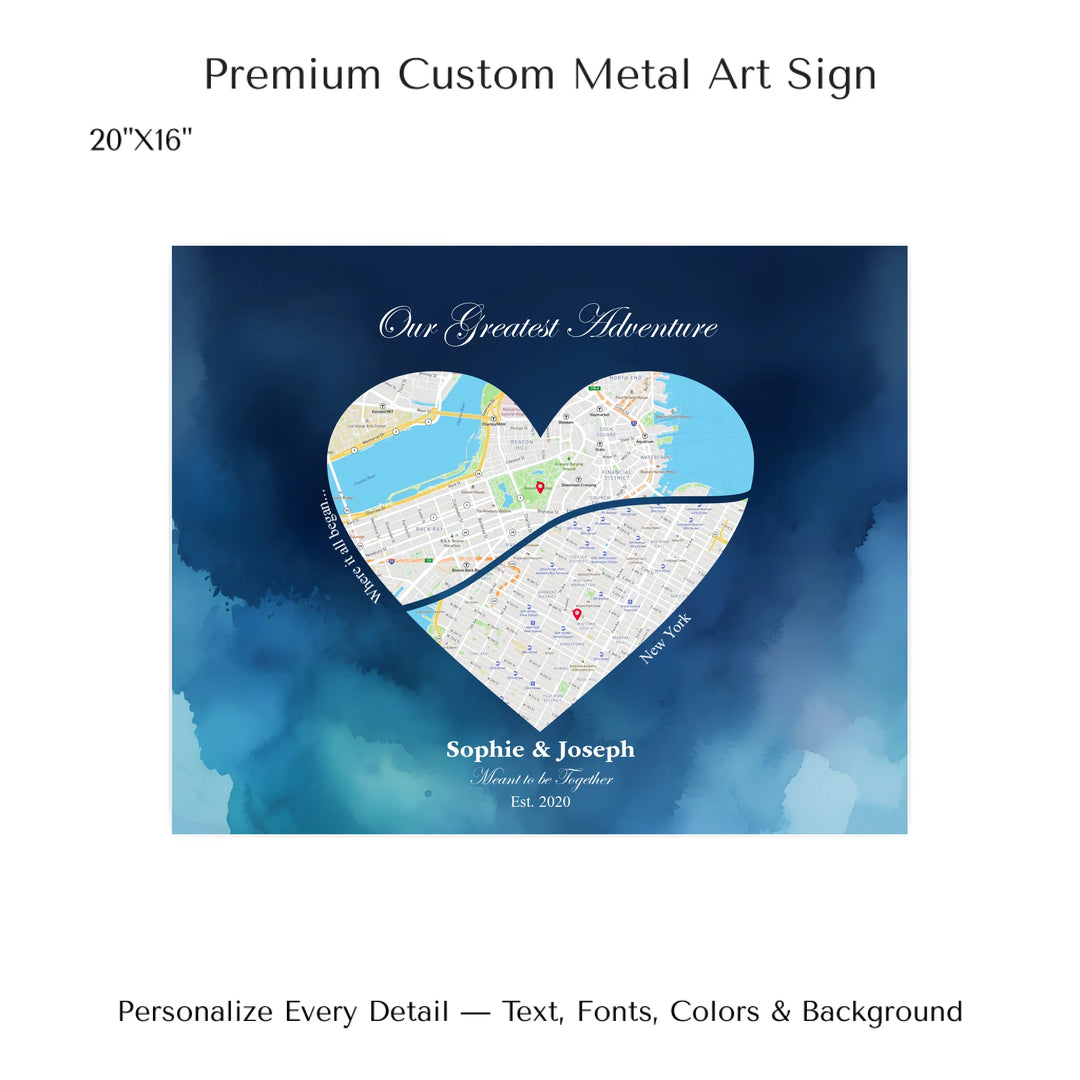 Custom Heart-Shaped Two Location Map Wall Art -20x16 metal art sign-ARTFULANE