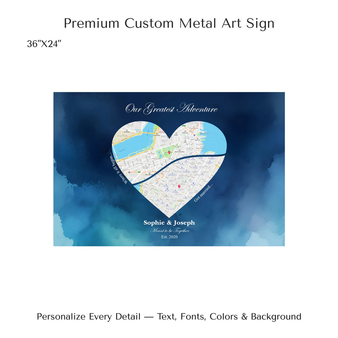 Custom Heart-Shaped Two Location Map Wall Art -36x24 metal art sign-ARTFULANE