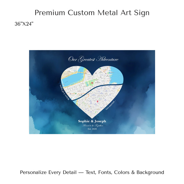 Custom Heart-Shaped Two Location Map Wall Art -36x24 metal art sign-ARTFULANE