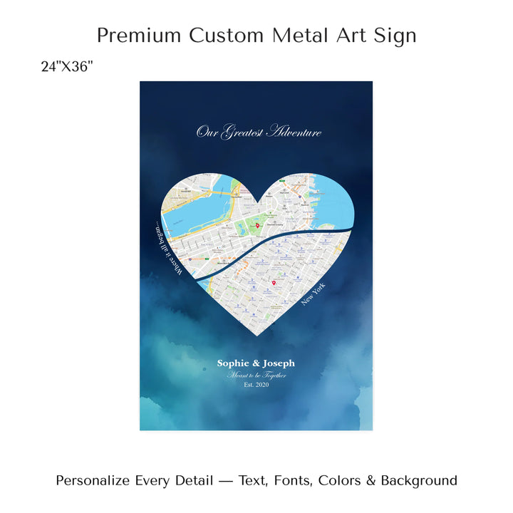 Custom Heart-Shaped Two Location Map Wall Art -24x36 metal art sign-ARTFULANE