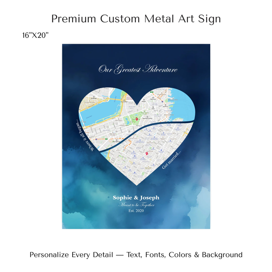 Custom Heart-Shaped Two Location Map Wall Art -16x20 metal art sign-ARTFULANE