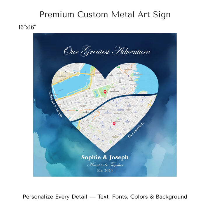 Custom Heart-Shaped Two Location Map Wall Art -16x16 metal art sign-ARTFULANE