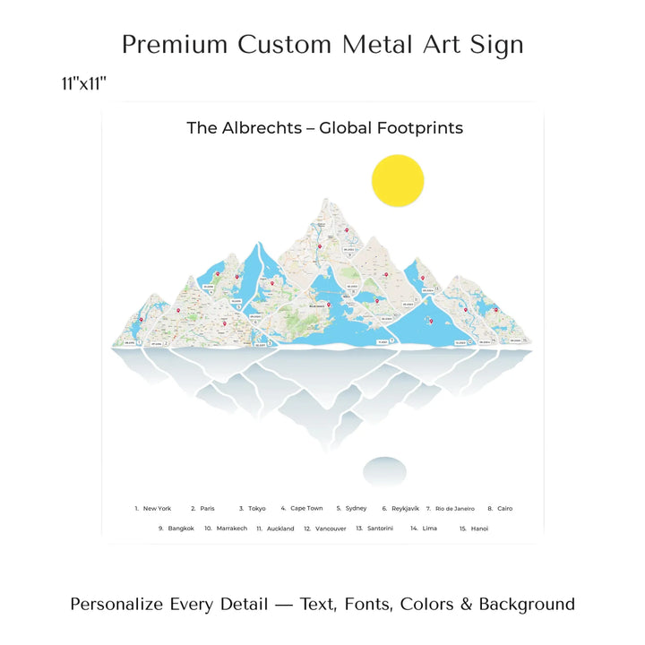 Custom Mountain Range Location Maps Wall Art - 11x11 metal art sign-ARTFULANE