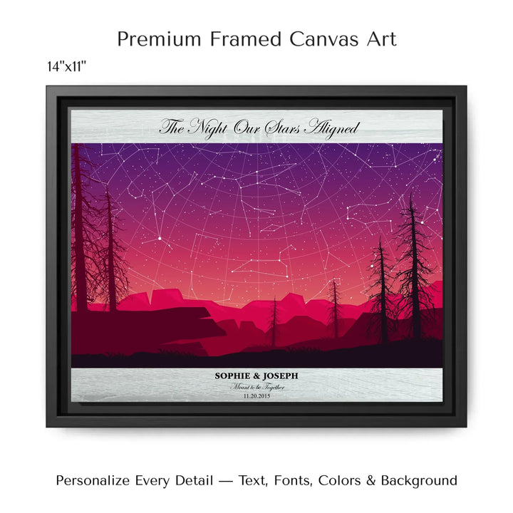 Framed personalized star map art over a scenic mountain landscape, custom title, names, date, and tagline -14x11 framed canvas-ARTFULANE