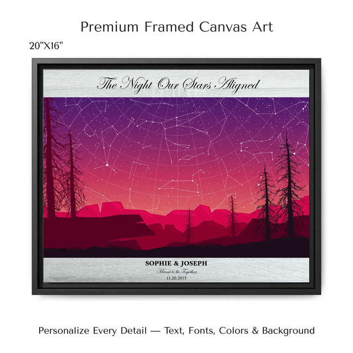 Framed personalized star map art over a scenic mountain landscape, custom title, names, date, and tagline -20x16 framed canvas-ARTFULANE