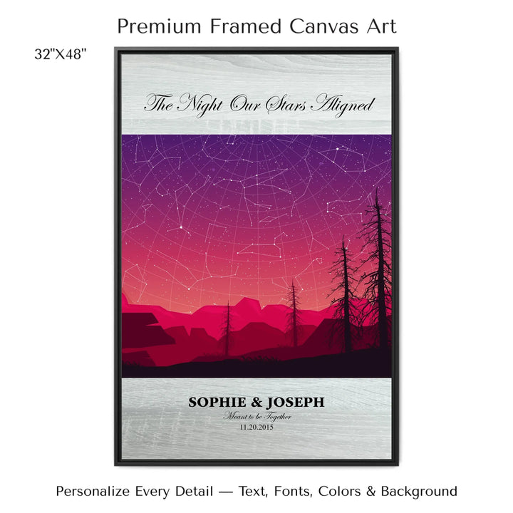 Framed personalized star map art over a scenic mountain landscape, custom title, names, date, and tagline -32x48 framed canvas-ARTFULANE
