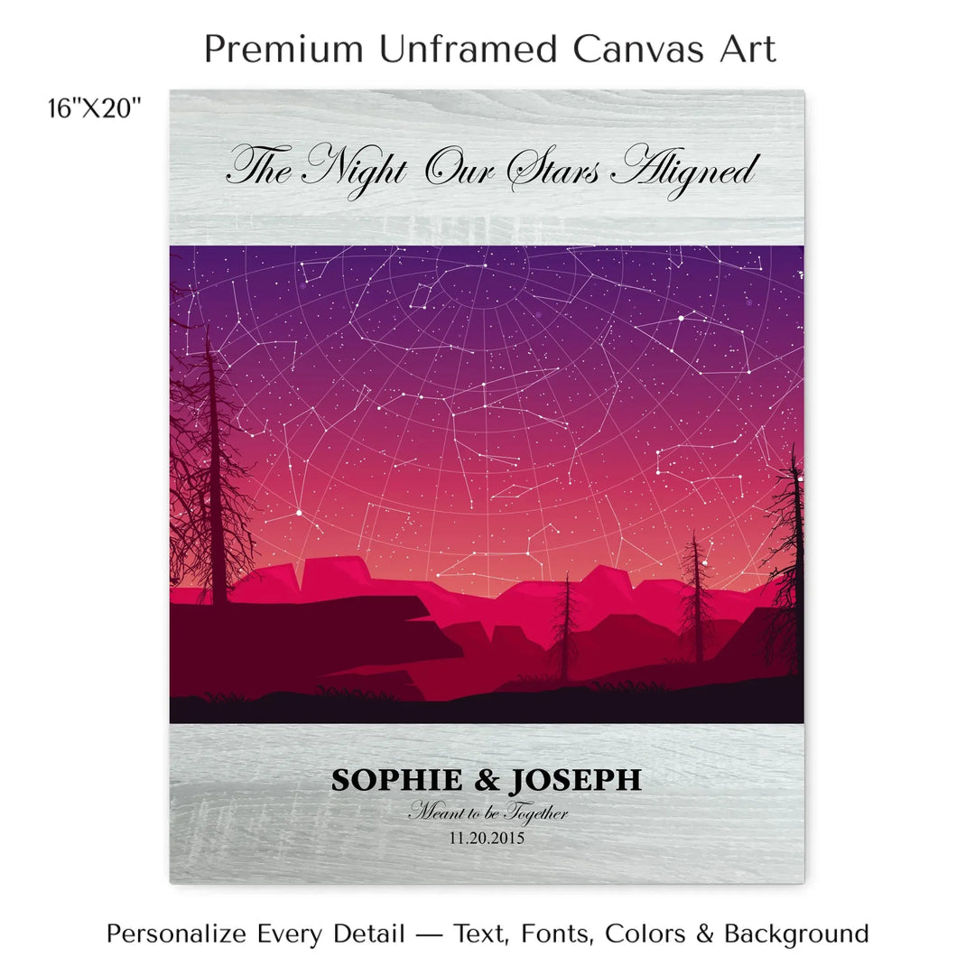Framed personalized star map art over a scenic mountain landscape, custom title, names, date, and tagline -16x20 stretched canvas-ARTFULANE