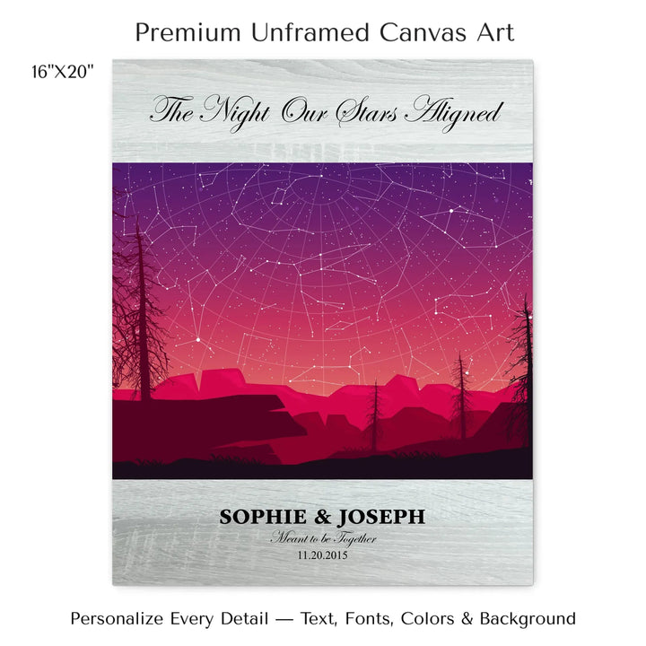 Framed personalized star map art over a scenic mountain landscape, custom title, names, date, and tagline -16x20 stretched canvas-ARTFULANE