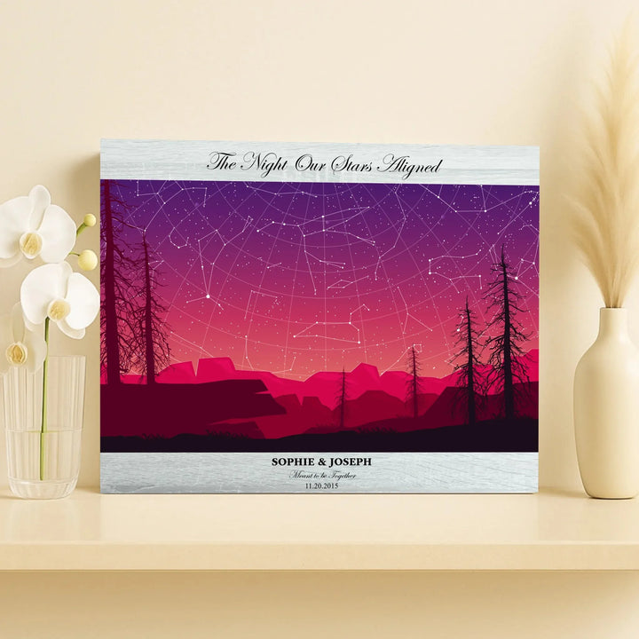 Framed personalized star map art over a scenic mountain landscape, custom title, names, date, and tagline -horizontal unframed canvas-ARTFULANE