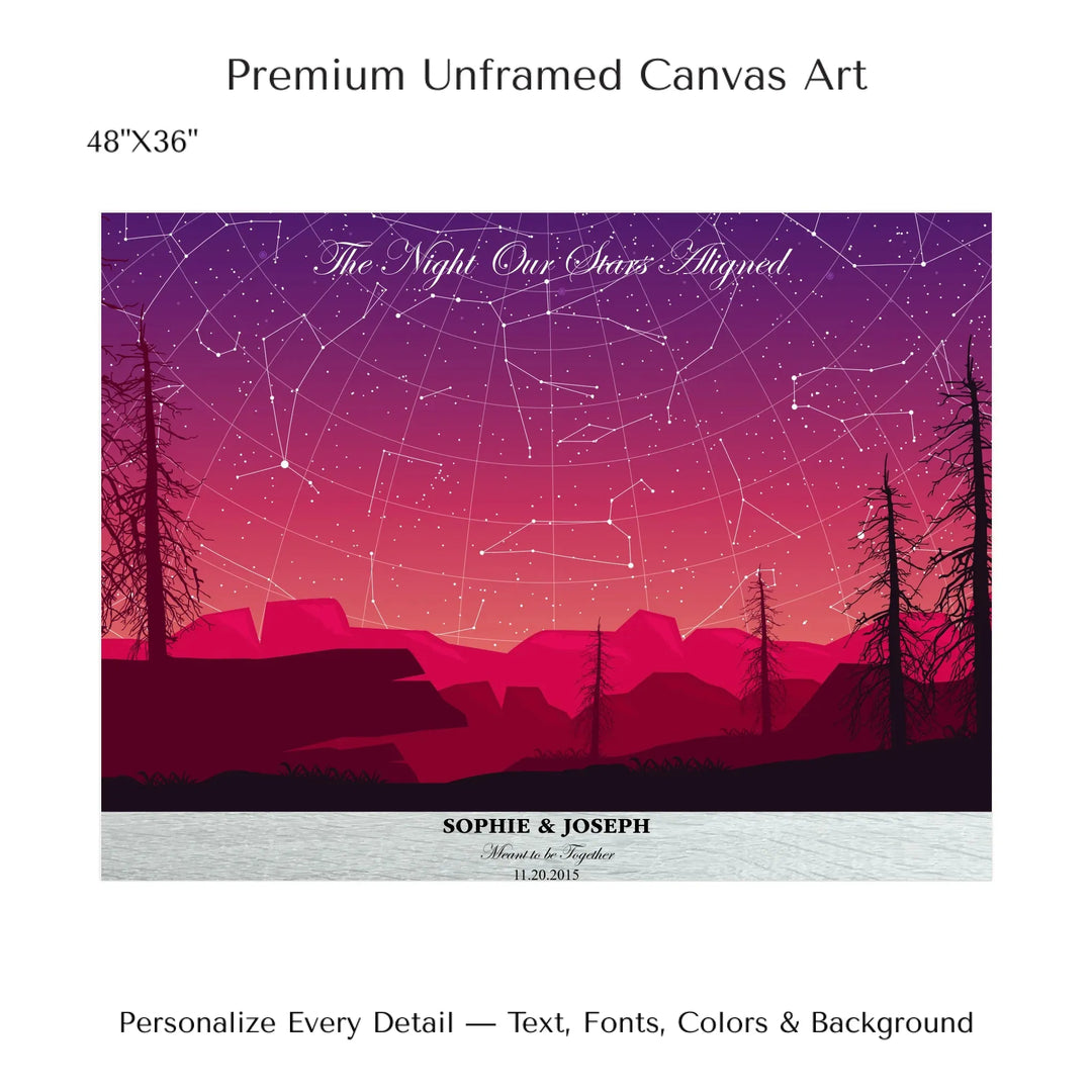 Framed personalized star map art over a scenic mountain landscape, custom title, names, date, and tagline -48x36 stretched canvas-ARTFULANE