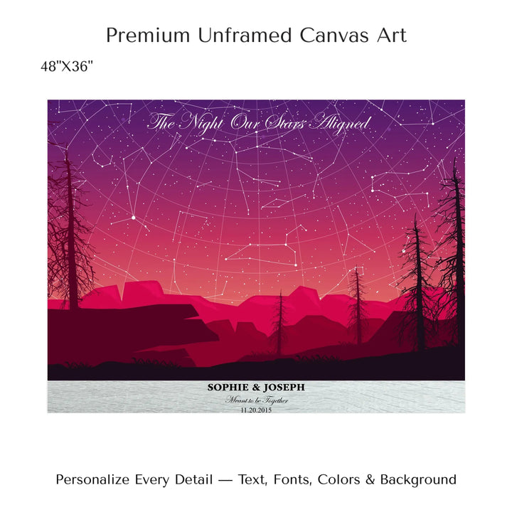 Framed personalized star map art over a scenic mountain landscape, custom title, names, date, and tagline -48x36 stretched canvas-ARTFULANE