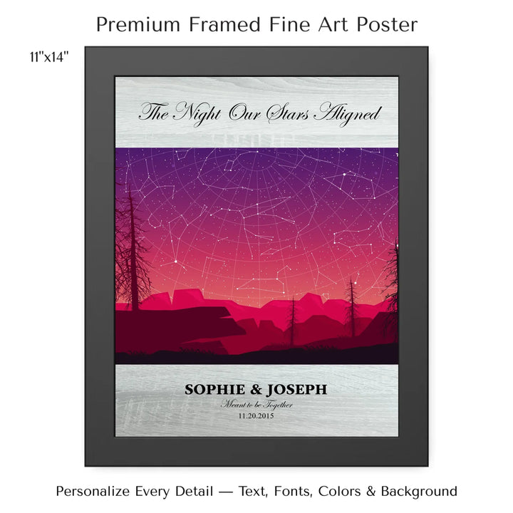 Framed personalized star map art over a scenic mountain landscape, custom title, names, date, and tagline -11x14 framed poster-ARTFULANE