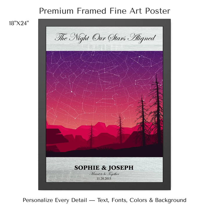 Framed personalized star map art over a scenic mountain landscape, custom title, names, date, and tagline -18x24 framed poster-ARTFULANE
