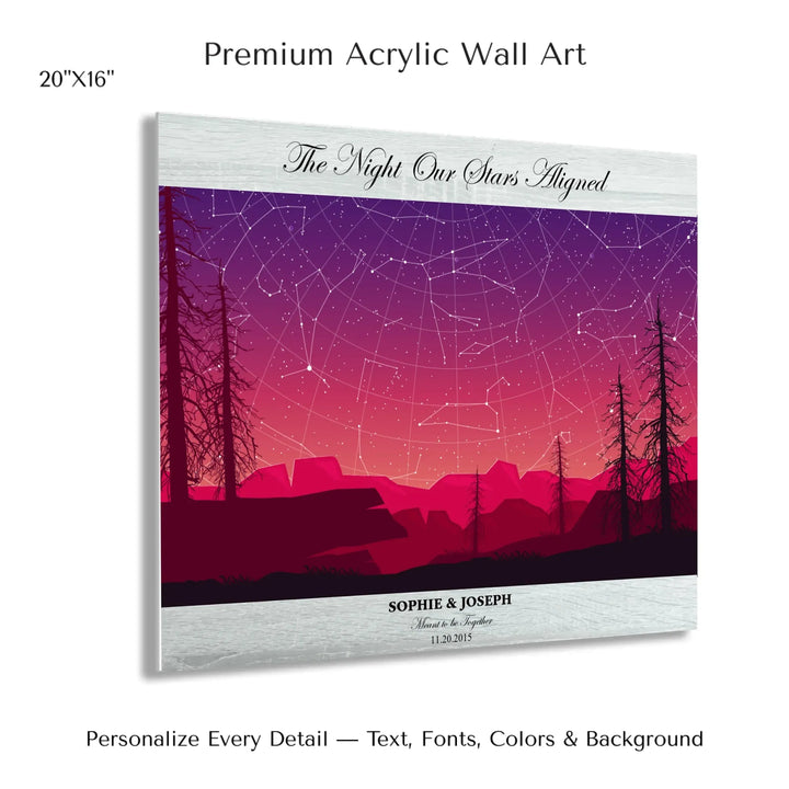 Framed personalized star map art over a scenic mountain landscape, custom title, names, date, and tagline -20x16 acrylic print with french cleat-ARTFULANE