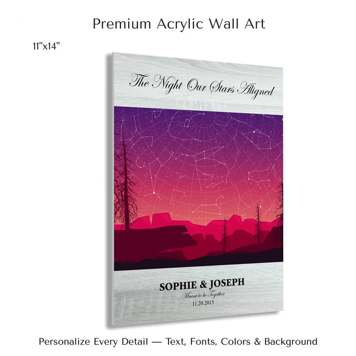 Framed personalized star map art over a scenic mountain landscape, custom title, names, date, and tagline -11x14 acrylic print with french cleat-ARTFULANE