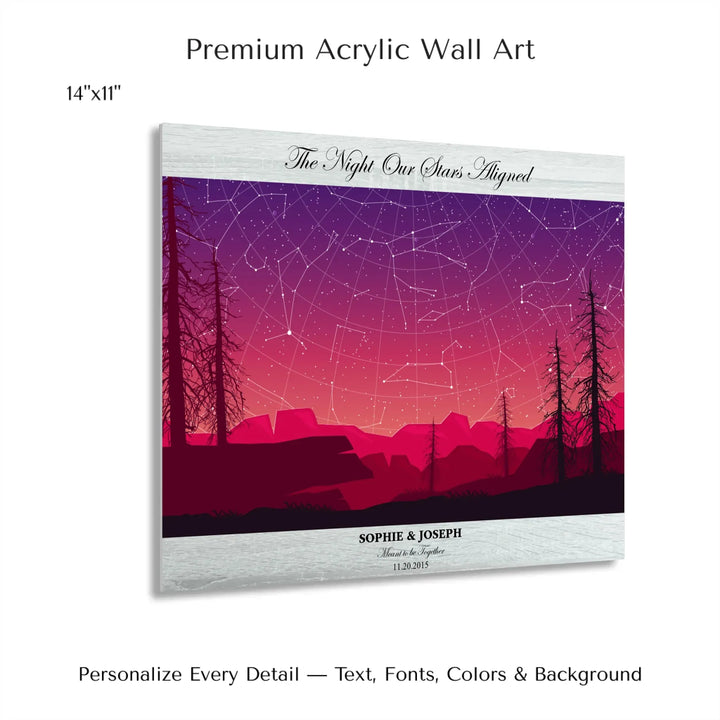 Framed personalized star map art over a scenic mountain landscape, custom title, names, date, and tagline -14x11 acrylic print with french cleat-ARTFULANE