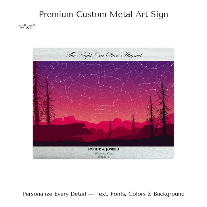 Framed personalized star map art over a scenic mountain landscape, custom title, names, date, and tagline -14x11 metal art sign-ARTFULANE