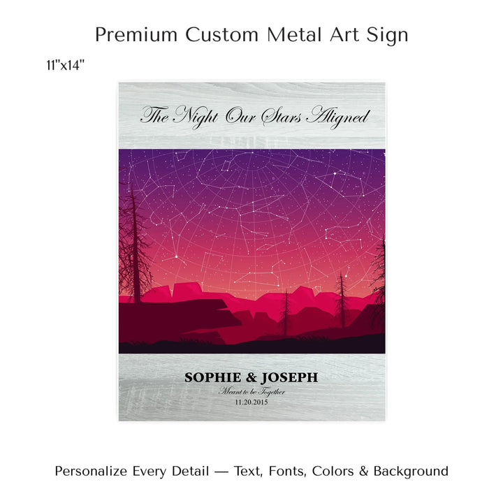 Framed personalized star map art over a scenic mountain landscape, custom title, names, date, and tagline -11x14 metal art sign-ARTFULANE