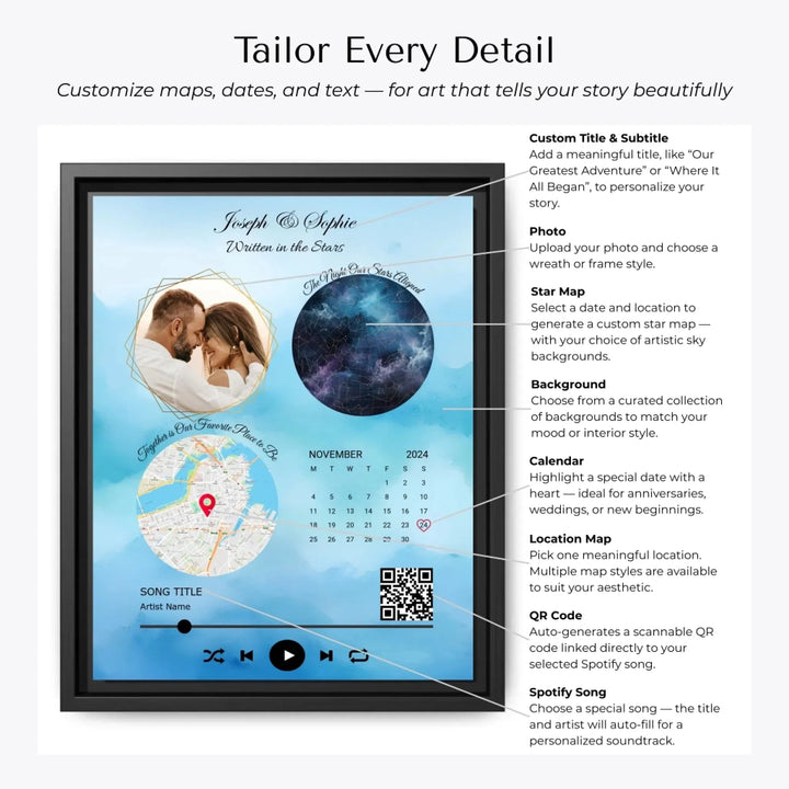 Framed custom couple wall art featuring a photo, star map, location map, special date calendar, QR code, and personalized song -Customization Options-ARTFULANE