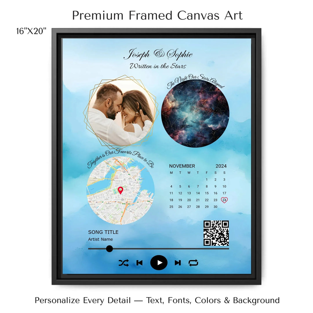 Framed custom couple wall art featuring a photo, star map, location map, special date calendar, QR code, and personalized song -16x20 framed canvas-ARTFULANE