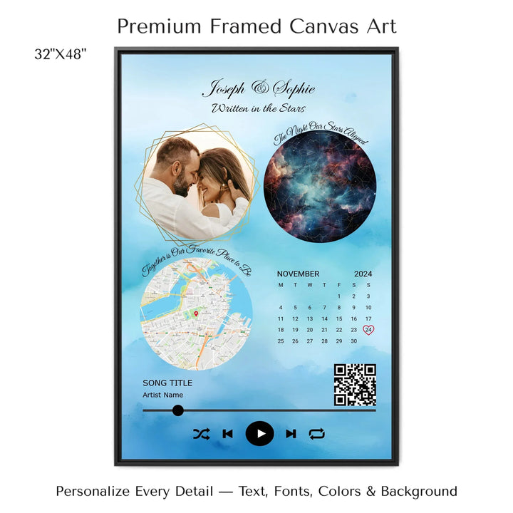 Framed custom couple wall art featuring a photo, star map, location map, special date calendar, QR code, and personalized song -32x48 framed canvas-ARTFULANE
