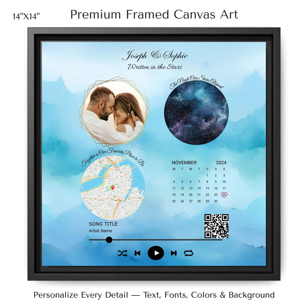 Framed custom couple wall art featuring a photo, star map, location map, special date calendar, QR code, and personalized song -14x14 framed canvas-ARTFULANE