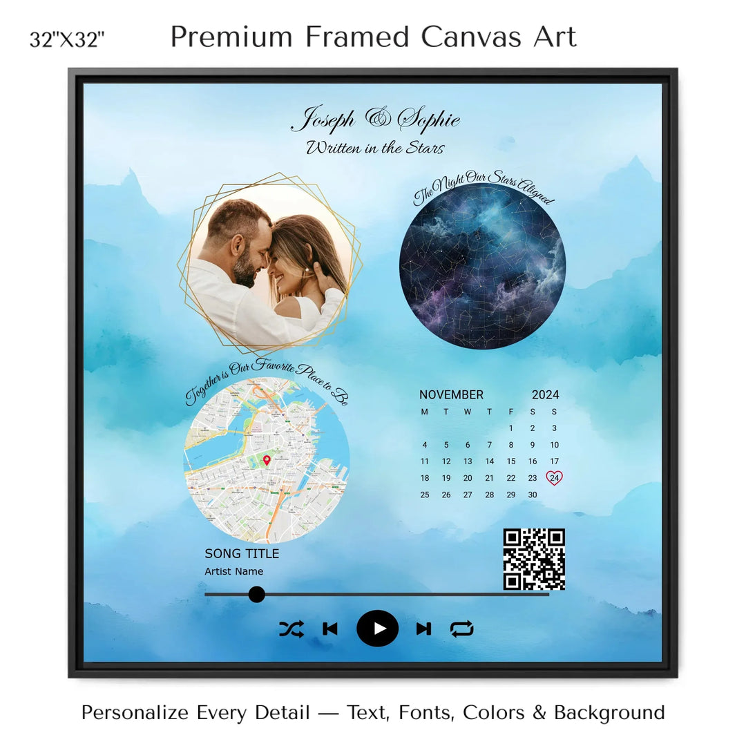 Framed custom couple wall art featuring a photo, star map, location map, special date calendar, QR code, and personalized song -32x32 framed canvas-ARTFULANE