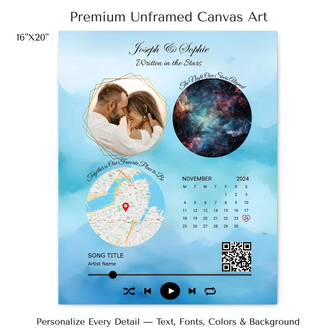 Framed custom couple wall art featuring a photo, star map, location map, special date calendar, QR code, and personalized song -16x20 stretched canvas-ARTFULANE