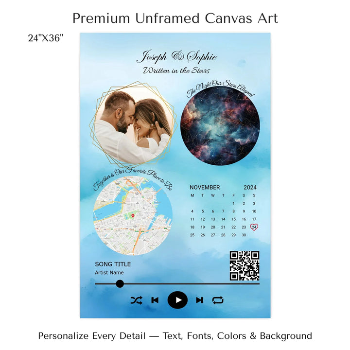 Framed custom couple wall art featuring a photo, star map, location map, special date calendar, QR code, and personalized song -24x36 stretched canvas-ARTFULANE