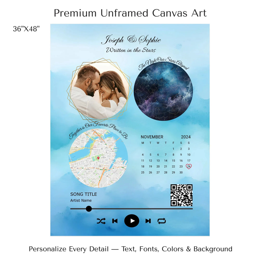 Framed custom couple wall art featuring a photo, star map, location map, special date calendar, QR code, and personalized song -36x48 stretched canvas-ARTFULANE