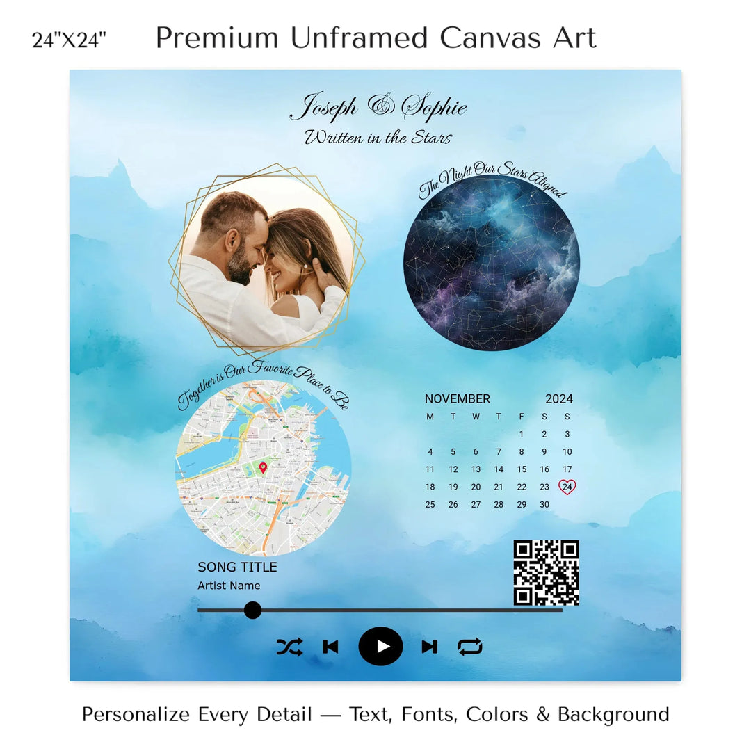 Framed custom couple wall art featuring a photo, star map, location map, special date calendar, QR code, and personalized song -24x24 stretched canvas-ARTFULANE