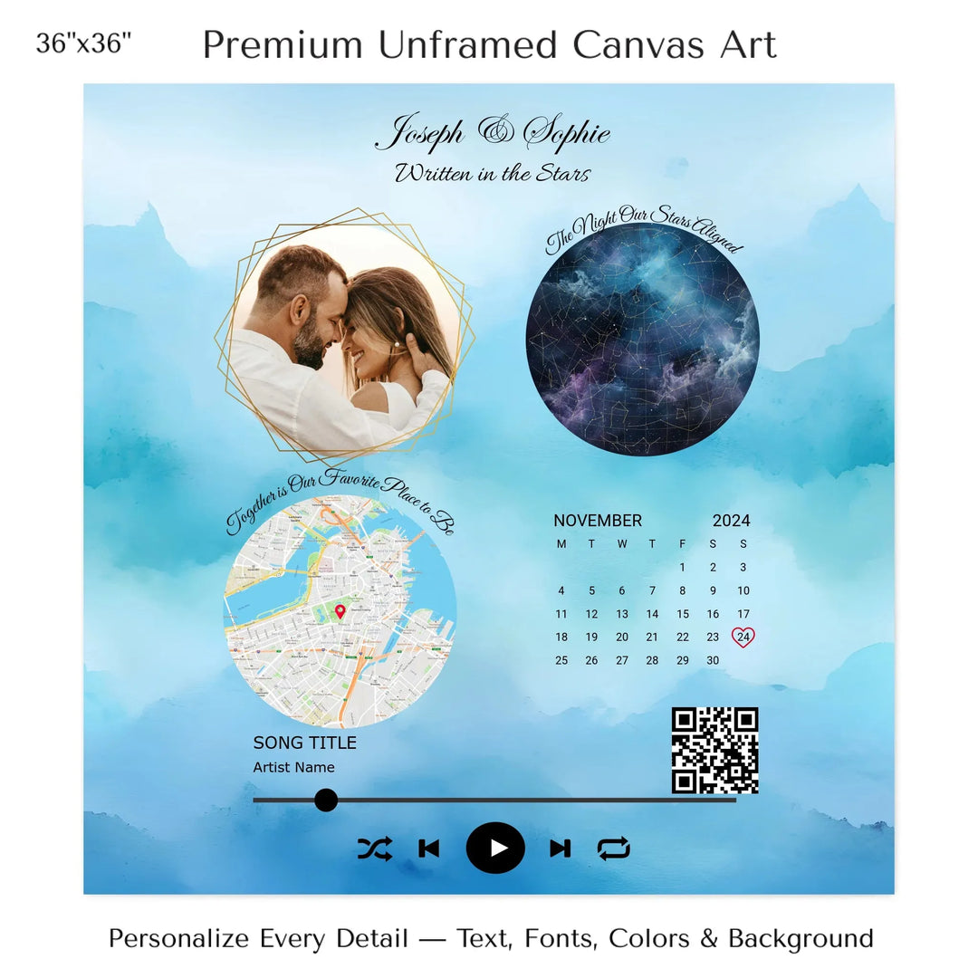 Framed custom couple wall art featuring a photo, star map, location map, special date calendar, QR code, and personalized song -36x36 stretched canvas-ARTFULANE