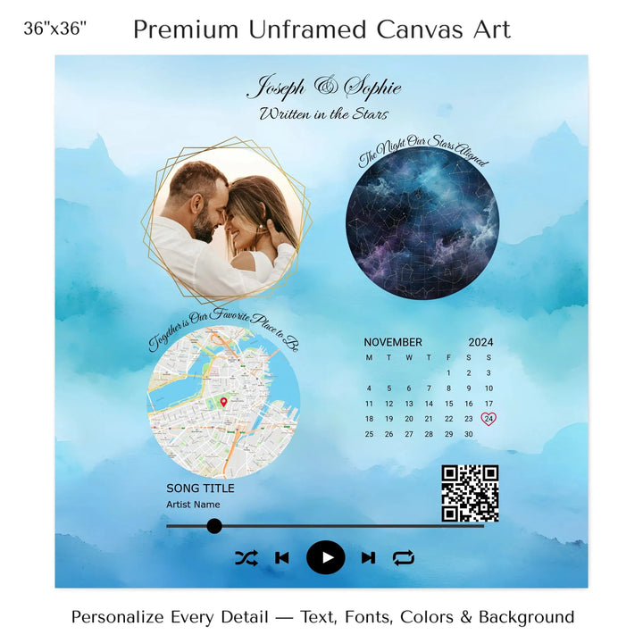 Framed custom couple wall art featuring a photo, star map, location map, special date calendar, QR code, and personalized song -36x36 stretched canvas-ARTFULANE