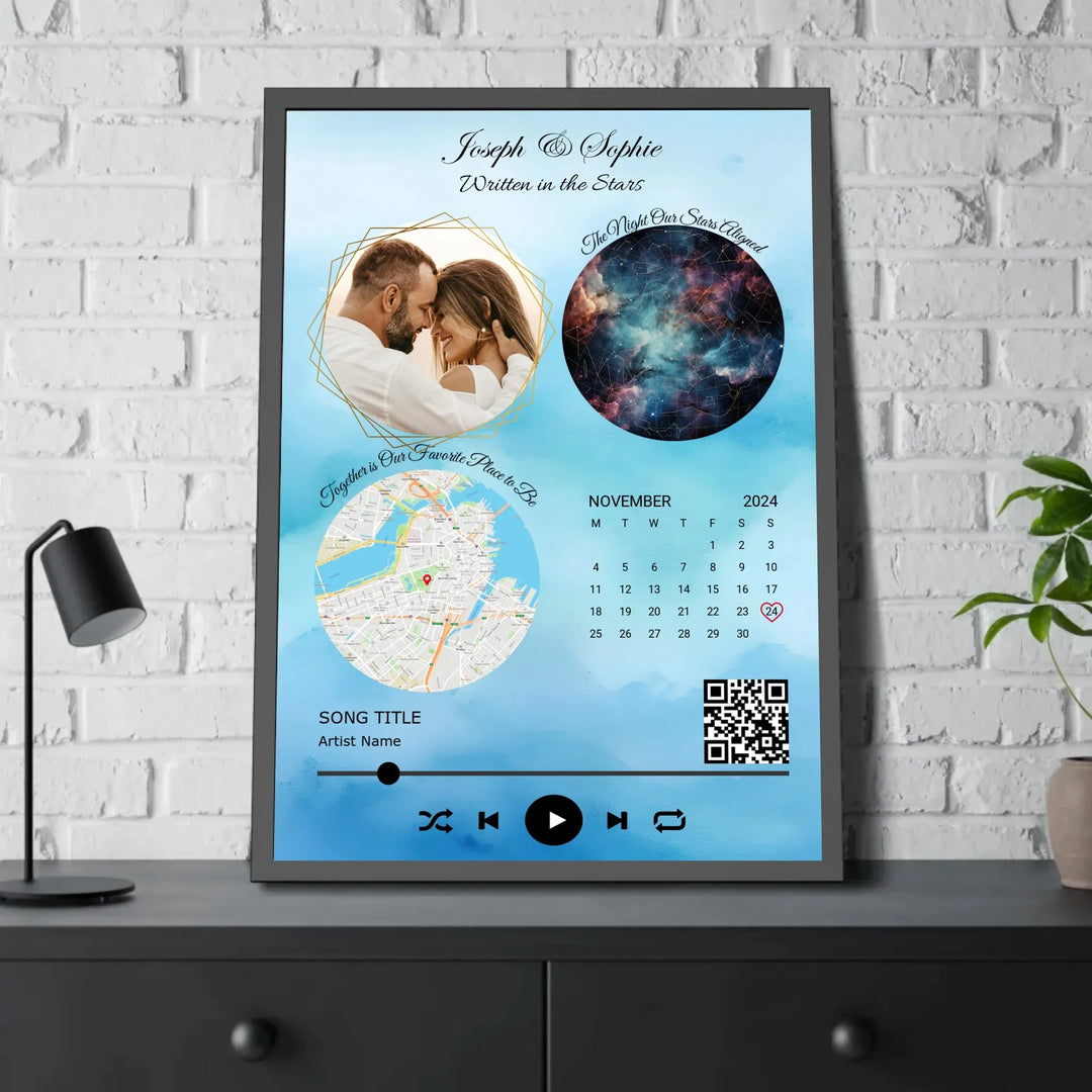 Framed custom couple wall art featuring a photo, star map, location map, special date calendar, QR code, and personalized song -framed poster on table-ARTFULANE