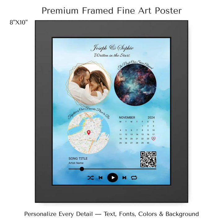 Framed custom couple wall art featuring a photo, star map, location map, special date calendar, QR code, and personalized song -8x10 framed poster-ARTFULANE