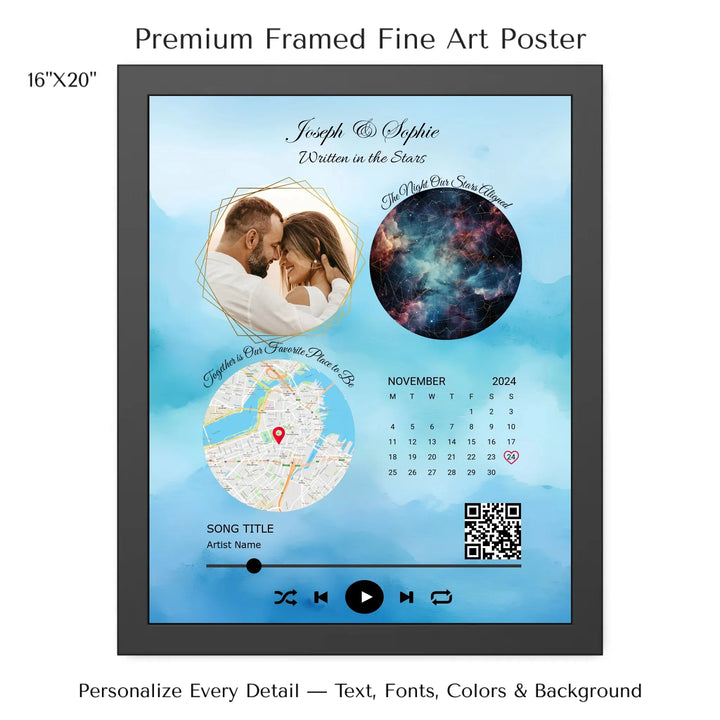 Framed custom couple wall art featuring a photo, star map, location map, special date calendar, QR code, and personalized song -16x20 framed poster-ARTFULANE