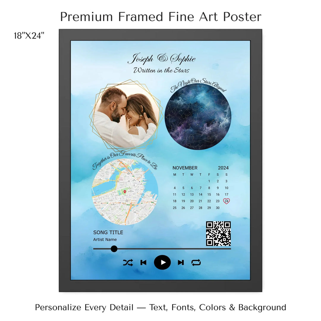 Framed custom couple wall art featuring a photo, star map, location map, special date calendar, QR code, and personalized song -18x24 framed poster-ARTFULANE