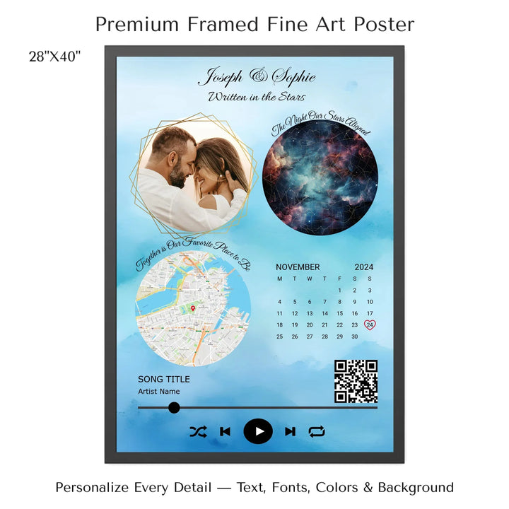 Framed custom couple wall art featuring a photo, star map, location map, special date calendar, QR code, and personalized song -28x40 framed poster-ARTFULANE