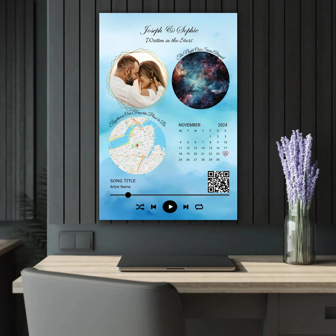 Framed custom couple wall art featuring a photo, star map, location map, special date calendar, QR code, and personalized song -24x36 acrylic print french with cleat context-ARTFULANE
