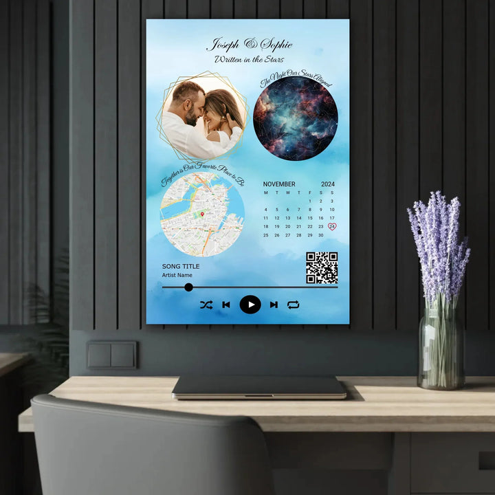 Framed custom couple wall art featuring a photo, star map, location map, special date calendar, QR code, and personalized song -24x36 acrylic print french with cleat context-ARTFULANE