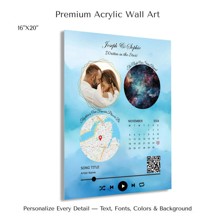 Framed custom couple wall art featuring a photo, star map, location map, special date calendar, QR code, and personalized song -16x20 acrylic print with french cleat-ARTFULANE