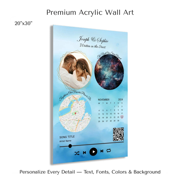 Framed custom couple wall art featuring a photo, star map, location map, special date calendar, QR code, and personalized song -20x30 acrylic print with french cleat-ARTFULANE