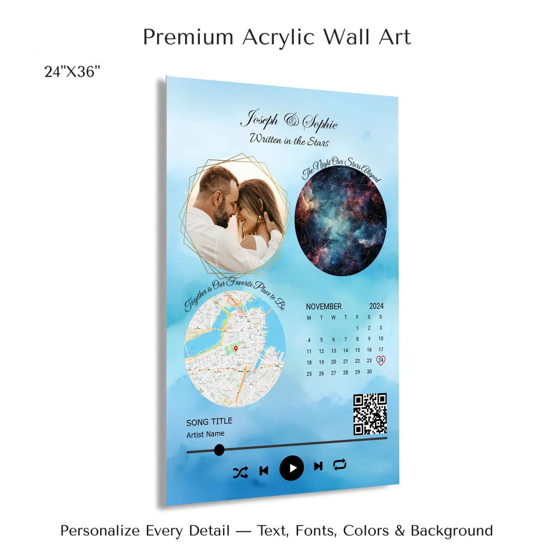 Framed custom couple wall art featuring a photo, star map, location map, special date calendar, QR code, and personalized song -24x36 acrylic print with french cleat-ARTFULANE