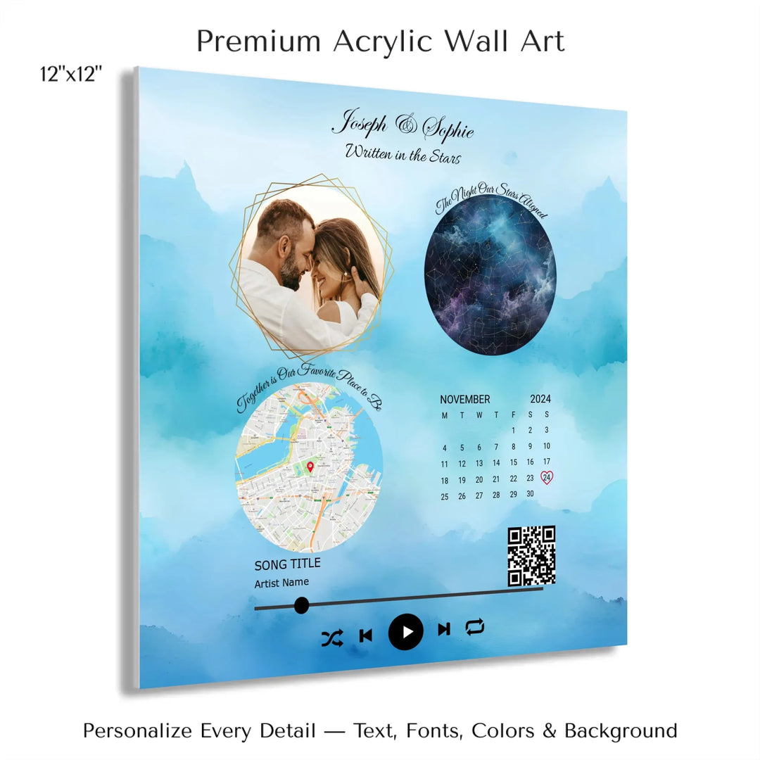 Framed custom couple wall art featuring a photo, star map, location map, special date calendar, QR code, and personalized song -12x12 acrylic print with french cleat-ARTFULANE