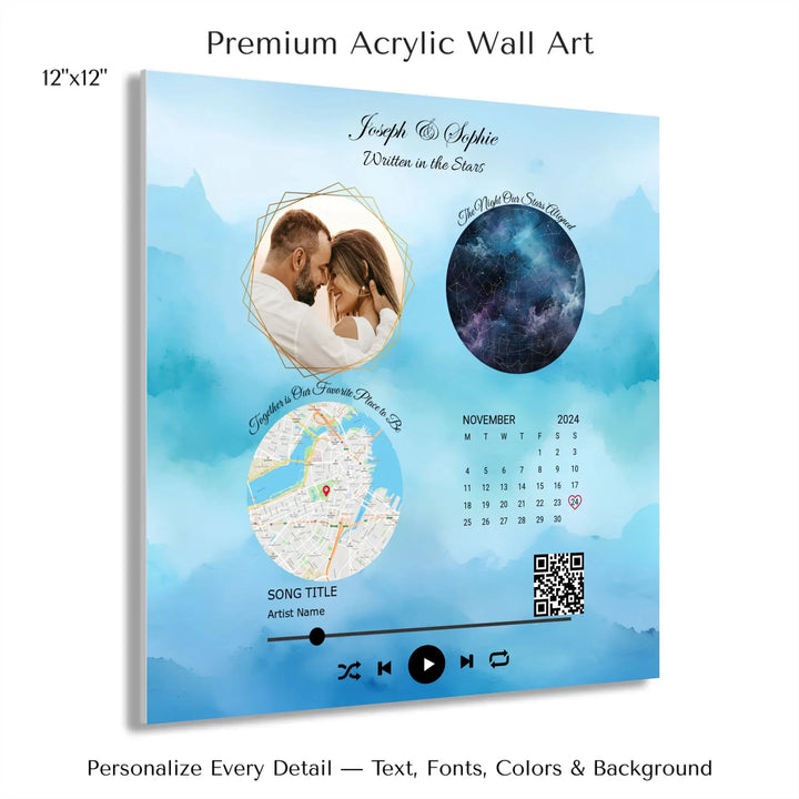 Framed custom couple wall art featuring a photo, star map, location map, special date calendar, QR code, and personalized song -12x12 acrylic print with french cleat-ARTFULANE