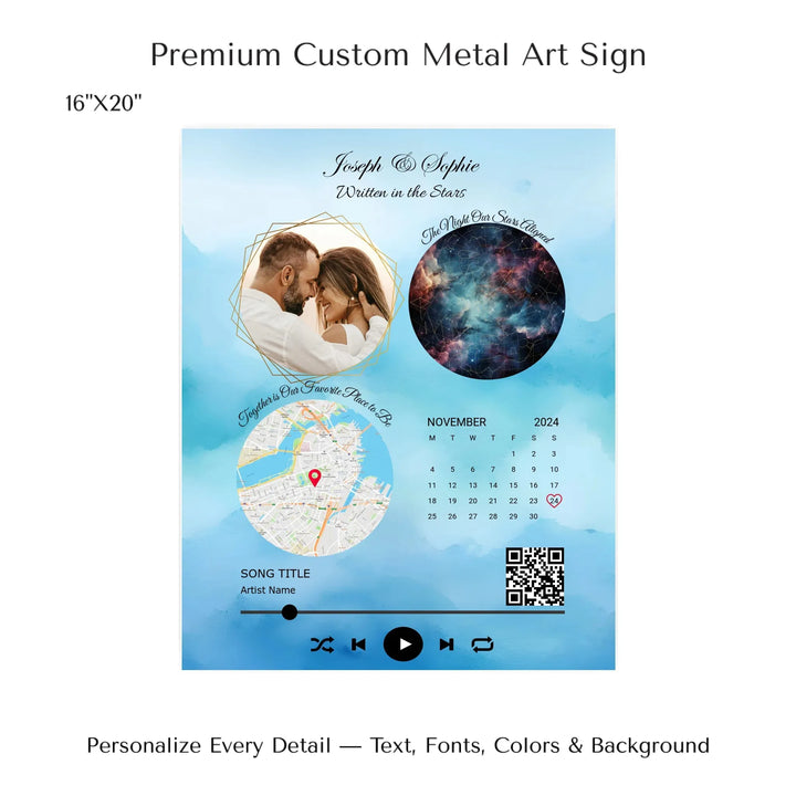 Framed custom couple wall art featuring a photo, star map, location map, special date calendar, QR code, and personalized song -16x20 metal art sign-ARTFULANE