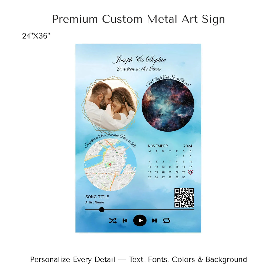 Framed custom couple wall art featuring a photo, star map, location map, special date calendar, QR code, and personalized song -24x36 metal art sign-ARTFULANE