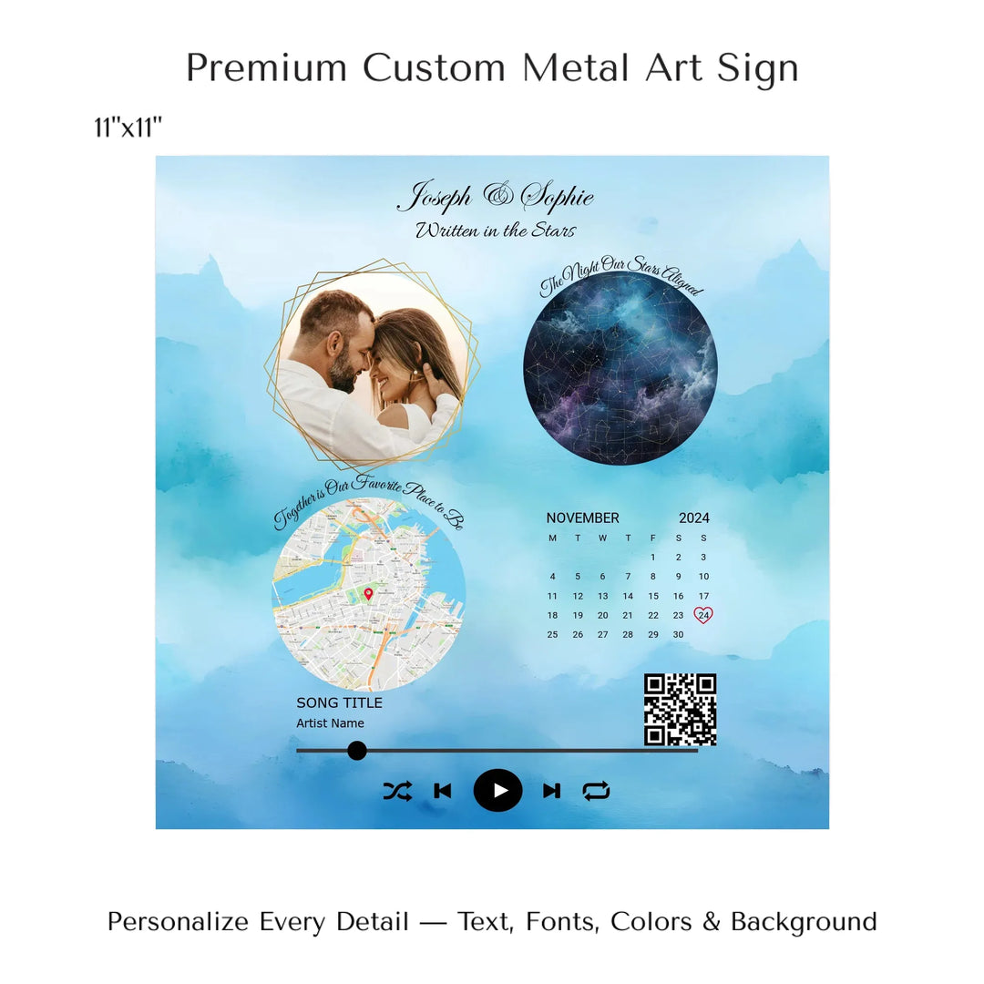 Framed custom couple wall art featuring a photo, star map, location map, special date calendar, QR code, and personalized song -11x11 metal art sign-ARTFULANE