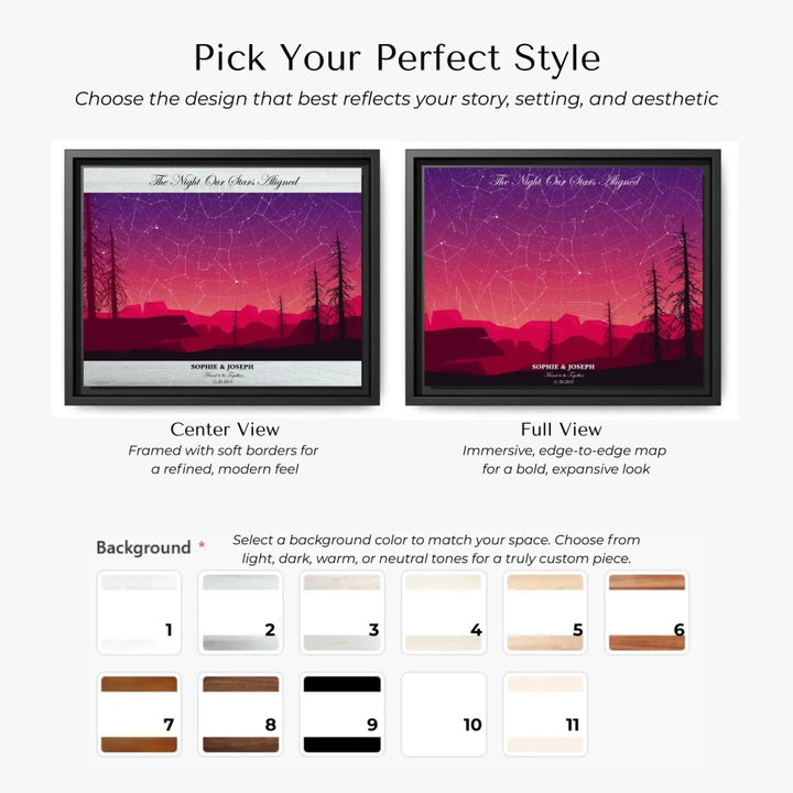 Framed personalized star map art over a scenic mountain landscape, custom title, names, date, and tagline -Choose Your Map Style-ARTFULANE
